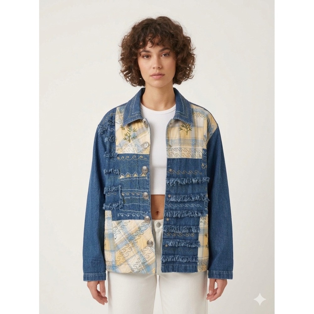 Vintage Longaberger Jean Jacket Small Denim Patchwork Embroidery Floral Fringe
